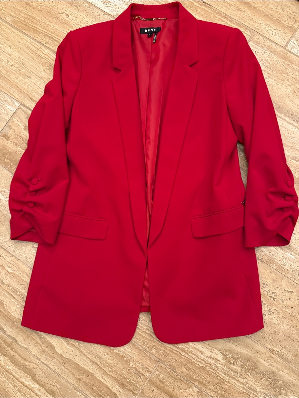 DKNY Women's Red Open-Front Blazer with Ruched Sleeves size 8